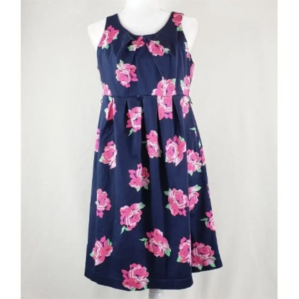 Motherhood Pleated Dress Maternity M Navy Blue Pink Roses Floral Empire Waist - Picture 1 of 7